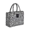 Angled view of the Greenwich Polo Club 4061 small grey animal-print beach bag with dark handles.