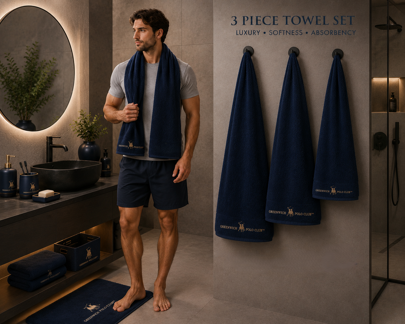 Luxury Greenwich Polo Club sports towel in dark blue with champagne embroidery at an outdoor tennis court
