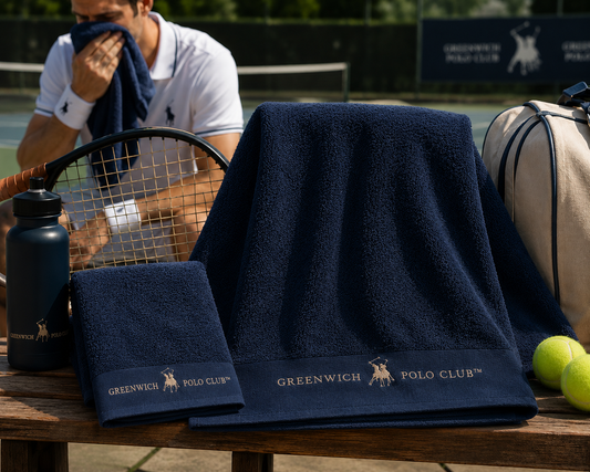 Greenwich Polo Club 3 Piece Towel Set 2666 in dark blue cotton with champagne embroidery, styled for tennis, spa and bathroom luxury