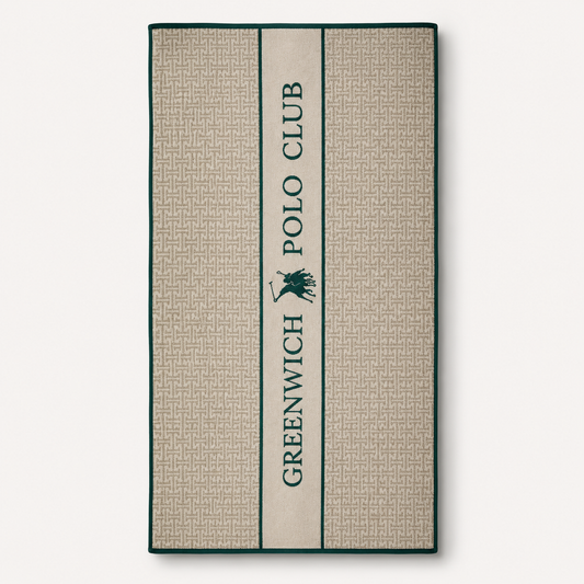Greenwich Polo Club towel 5229, 90x180 cm beige cotton jacquard beach towel with classic green vertical logo and slogan