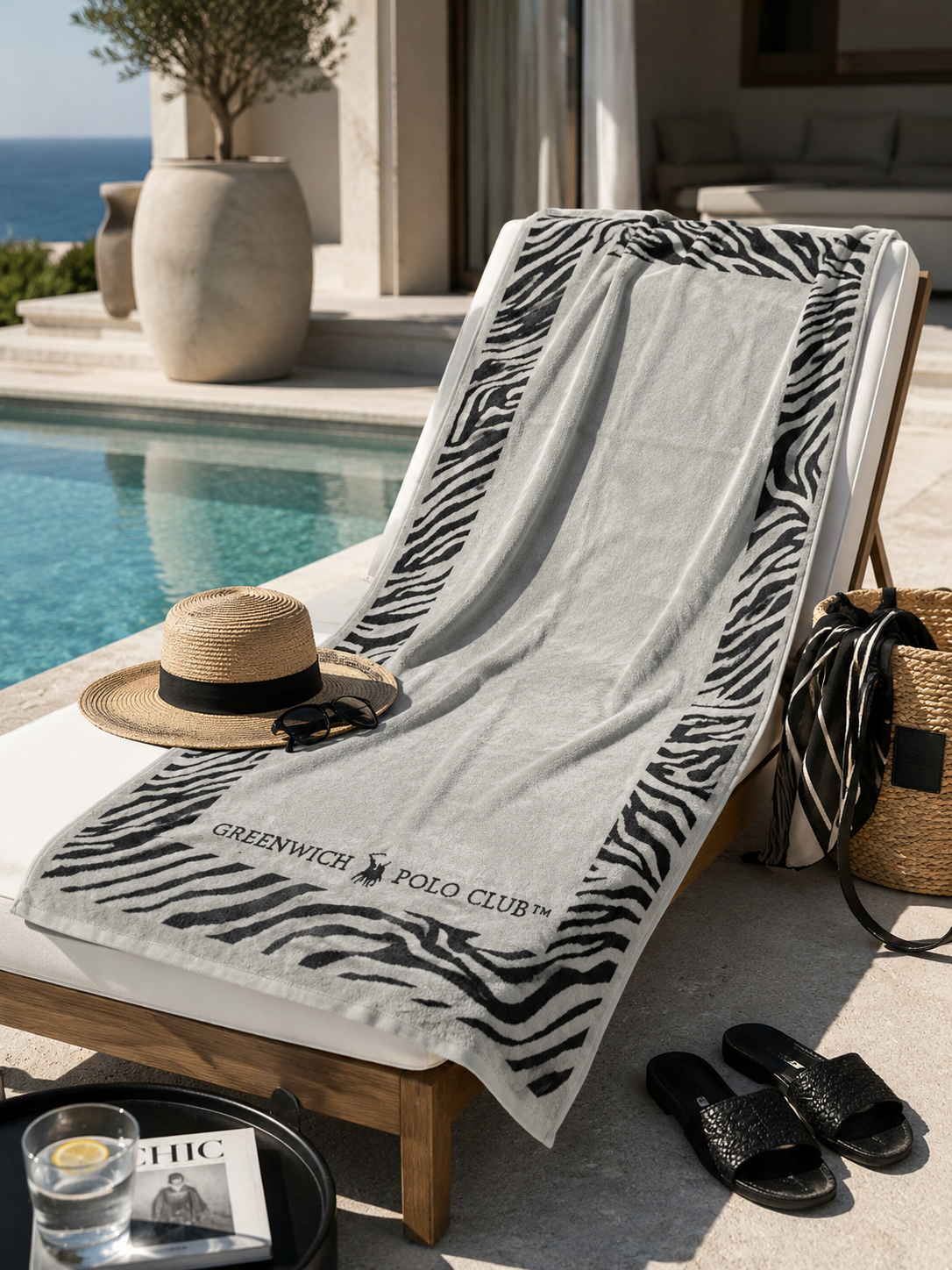 Luxury Greenwich Polo Club zebra beach towel at a chic poolside resort in Sitia Crete