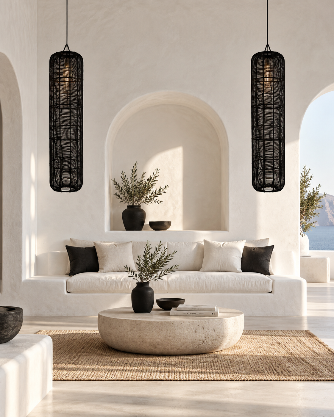 Black cylinder lampshade adding contrast to a minimalist black and white interior