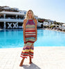 Front view of handmade crochet maxi dress in multicolor yarns, extra-long slim cut, by VVC, made in Greece.