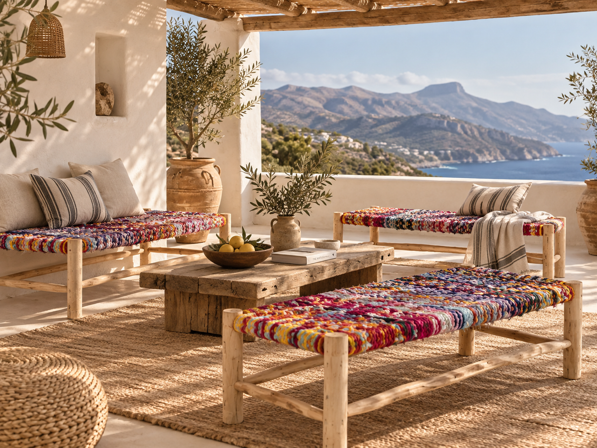 Colourful handmade benches in the minimalist courtyard of a white Greek villa in Sitia, Crete.