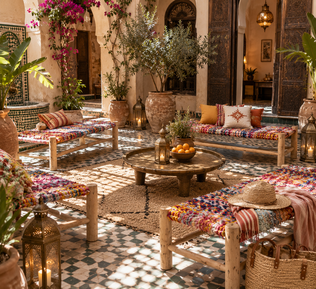 Colourful handmade textile benches arranged around a traditional Moroccan riad courtyard.