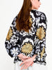 Back view of silk-touch Imza palm print blouse showing airy batwing sleeves, loose fit shape and hot weather summer styling