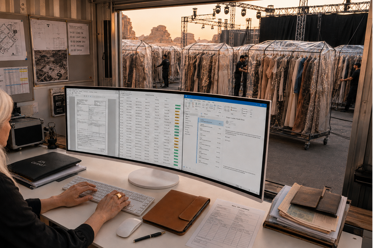 Computer workstation beside covered fashion racks backstage at a live production Riyadh, Saudi Arabia.