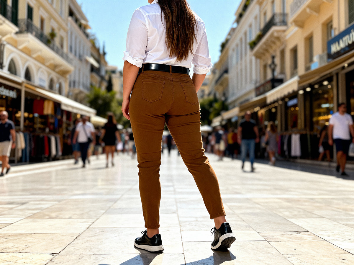 Back view of XXL model wearing camel brown body-shaping jeggings with a white blouse, everyday chic outfit