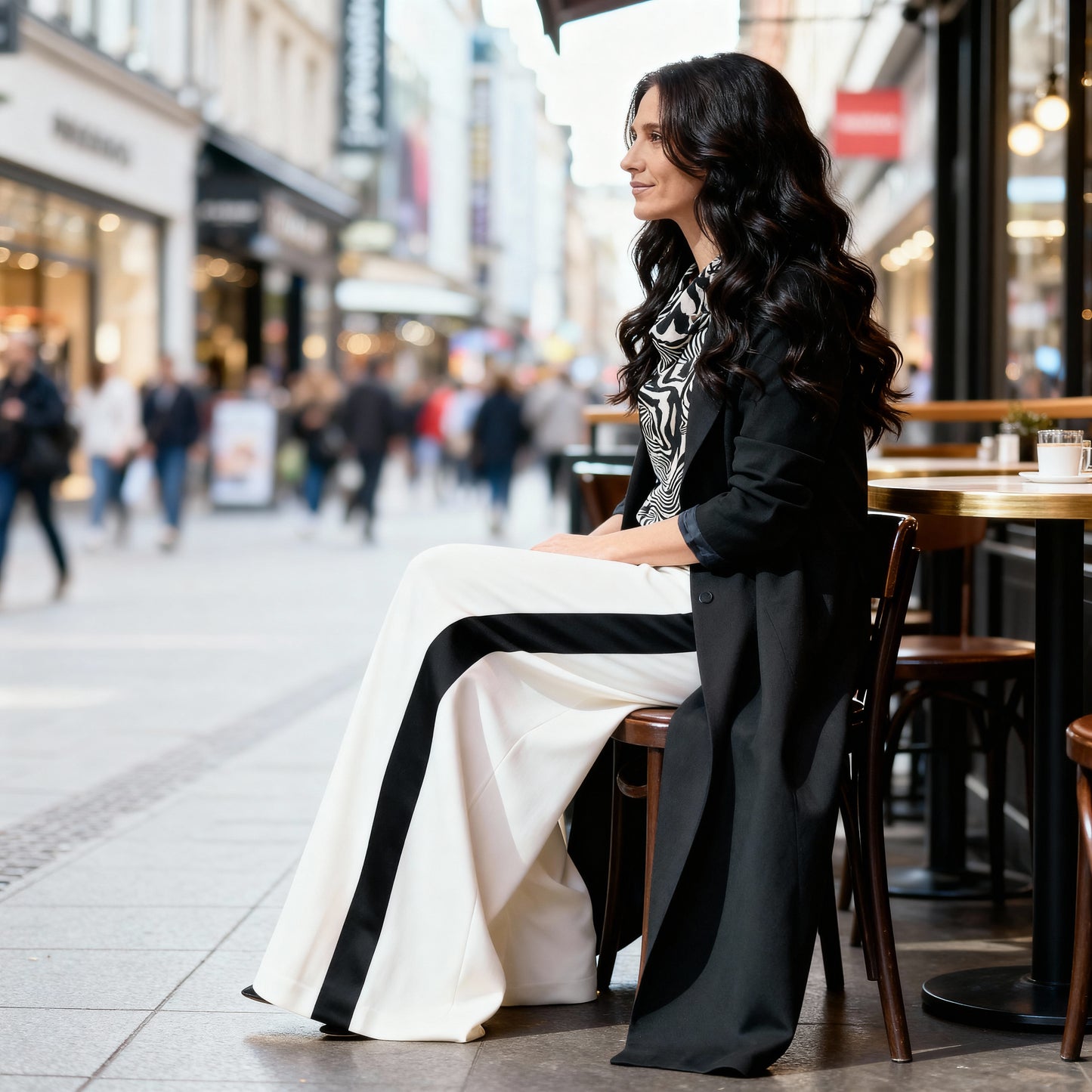 Kasha high-waisted white trousers with black side stripe in café lifestyle view, elegant wide-leg pants for modern women