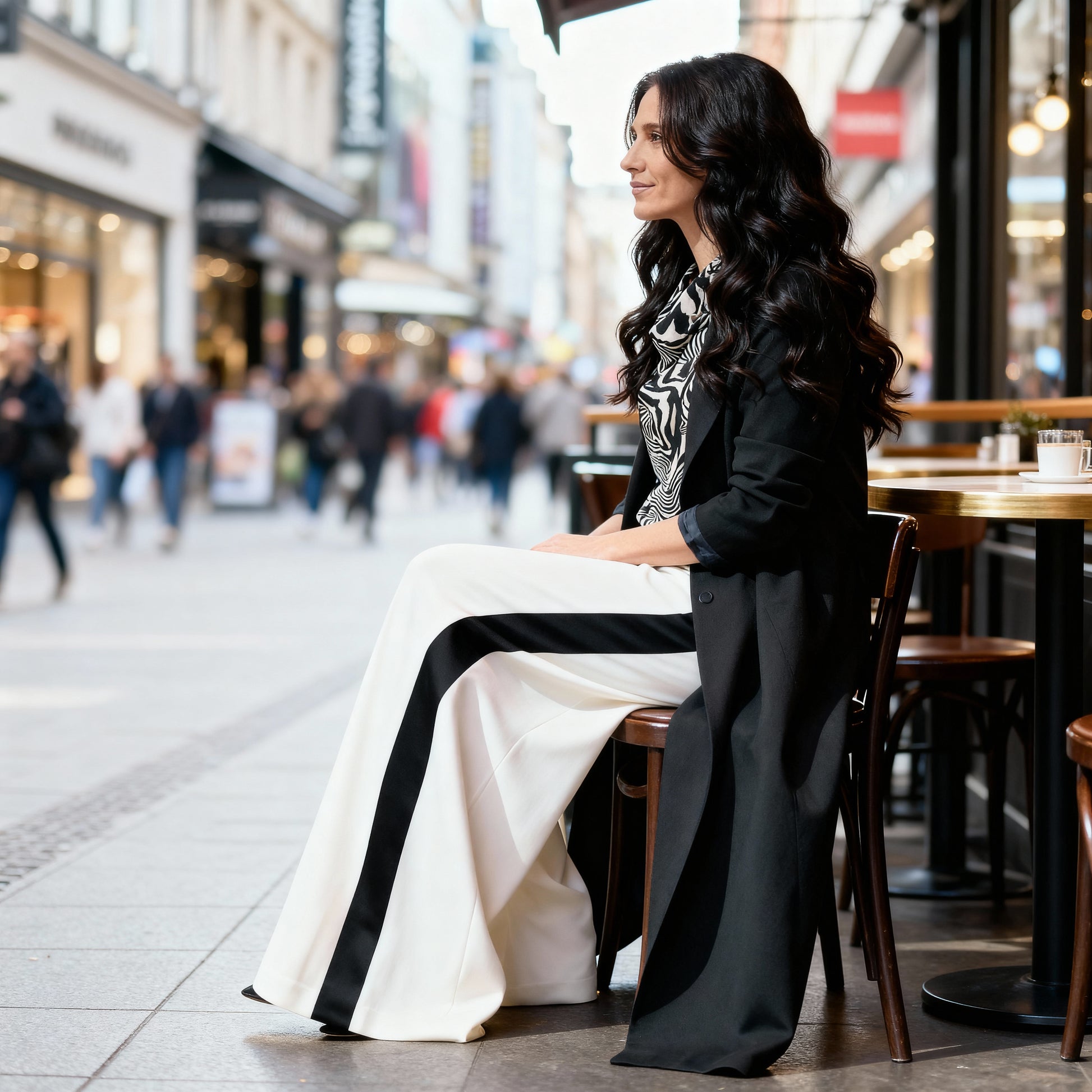 Kasha high-waisted white trousers with black side stripe in café lifestyle view, elegant wide-leg pants for modern women