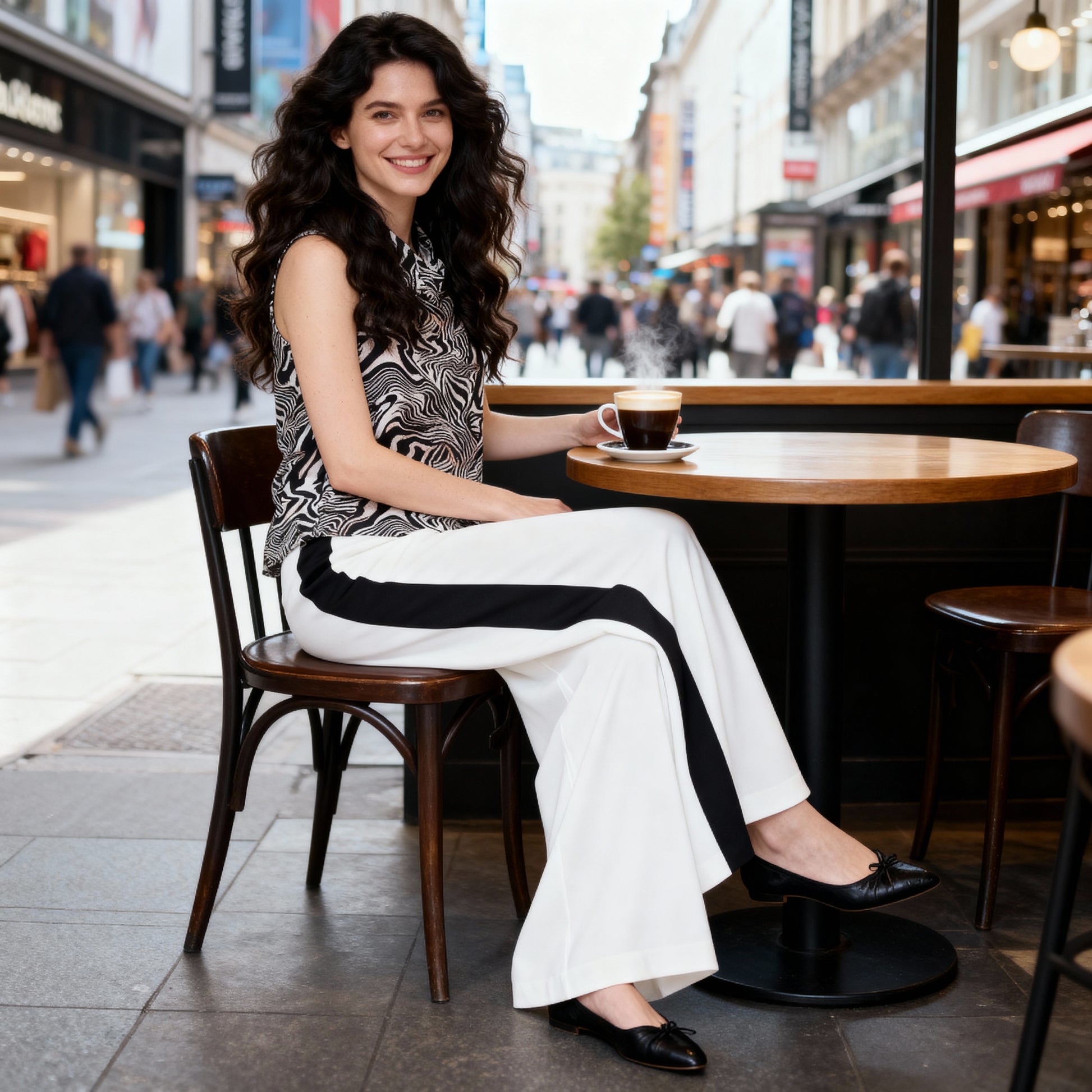 Kasha white wide-leg Marlene trousers with black stripe, styled for smart casual city wear, business looks and elegant leisure outfits