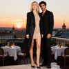 Full-length front view of the Kenco black sequin blazer showing its long tailored cut and single-button closure.