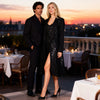 Front view of the Kenco black long sequin blazer photographed on a rooftop at sunset in Sitia, Crete.