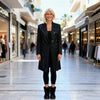 Three-view image of the Kenco black long sequin blazer showing its tailored silhouette and single-button closure.
