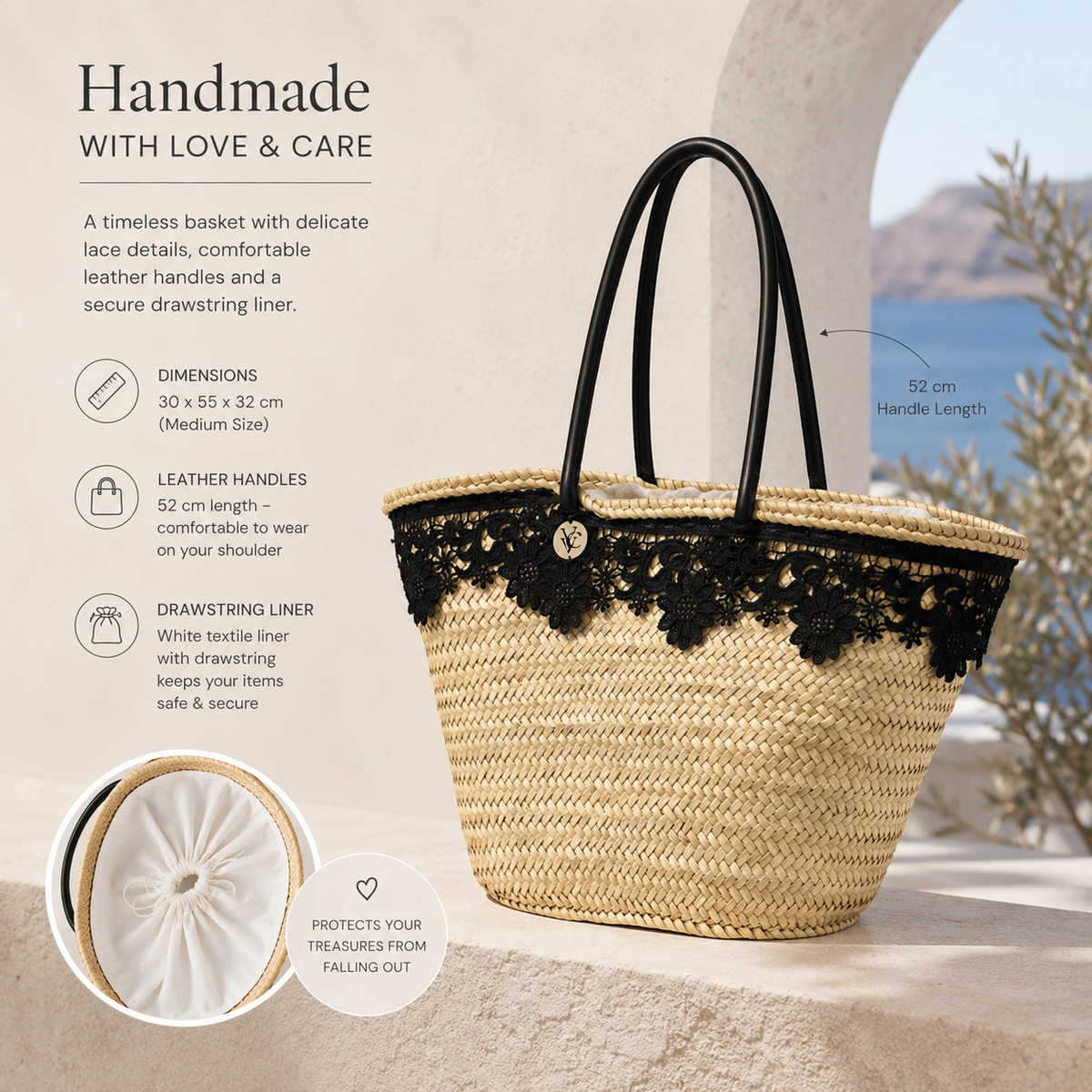 Boho luxury straw tote bag with black handles and lace detail for summer holidays in Greece