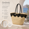 Boho luxury straw tote bag with black handles and lace detail for summer holidays in Greece