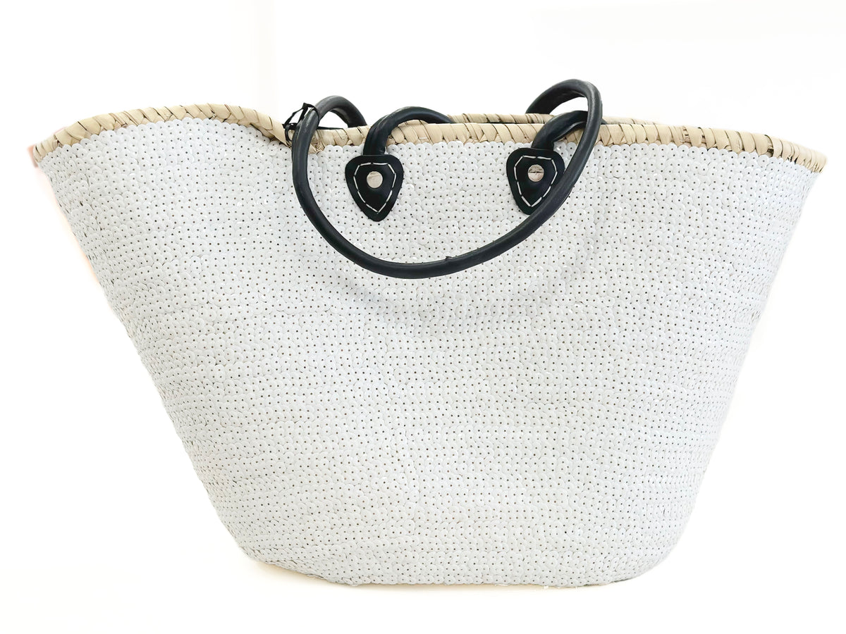 Back view of large white sequin basket with black handles and natural straw trim, without front motif.