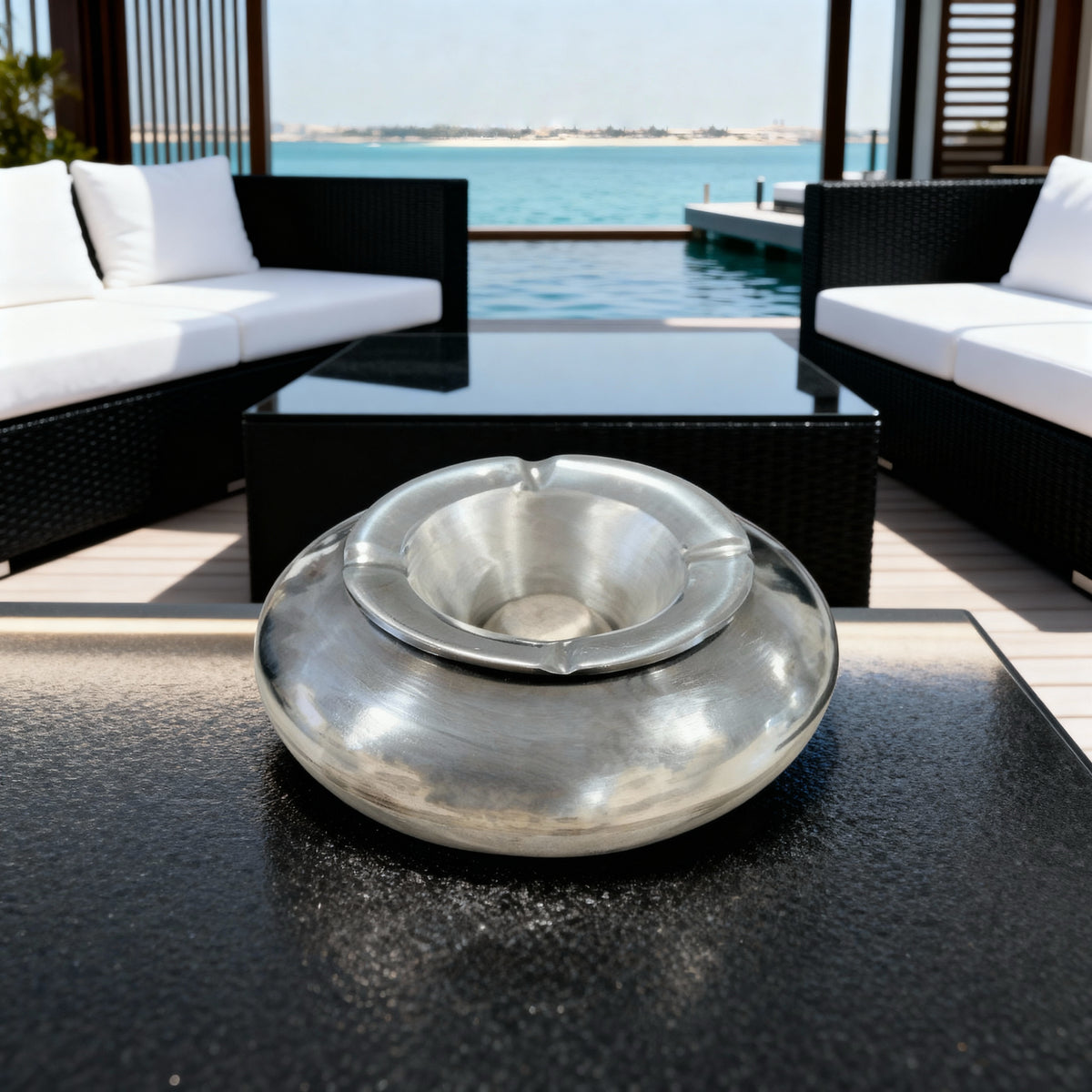 Large aluminium windproof ashtray in silver design, ideal for luxury terraces, outdoor lounge areas and modern Greek island homes.