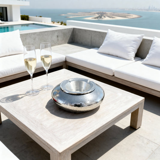 Large windproof hammered aluminium ashtray styled as elegant patio table décor for a Mediterranean holiday home.