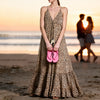 Leopard maxi dress with tassels styled near Sitia Crete coastal streets