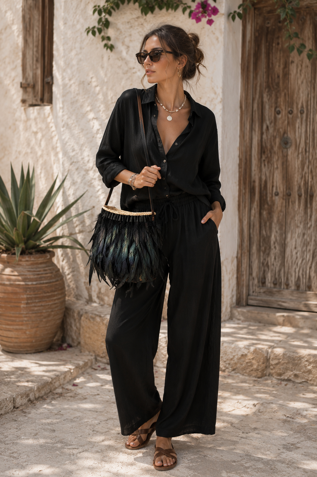 Luxury handmade feather handbag by VVC™ styled at a traditional Greek taverna with a small dog, showcasing premium boho fashion.