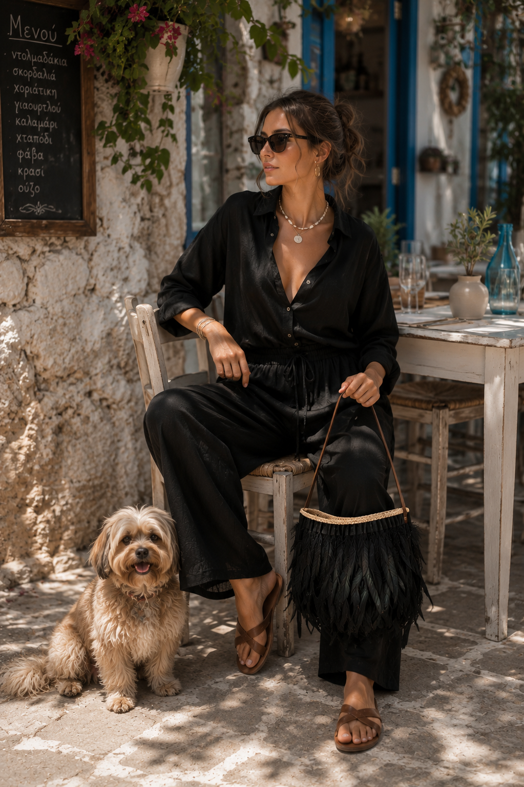 Luxury handmade feather handbag by VVC™ styled at a traditional Greek taverna with a small dog, showcasing premium boho fashion