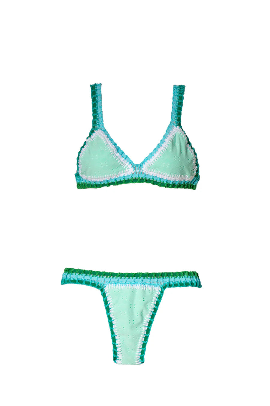 LocoLoco mint turquoise Brazilian crochet bikini flat lay with lace accents and elastic swim fabric, made in Brazil.