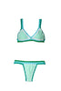 LocoLoco mint turquoise Brazilian crochet bikini flat lay with lace accents and elastic swim fabric, made in Brazil.