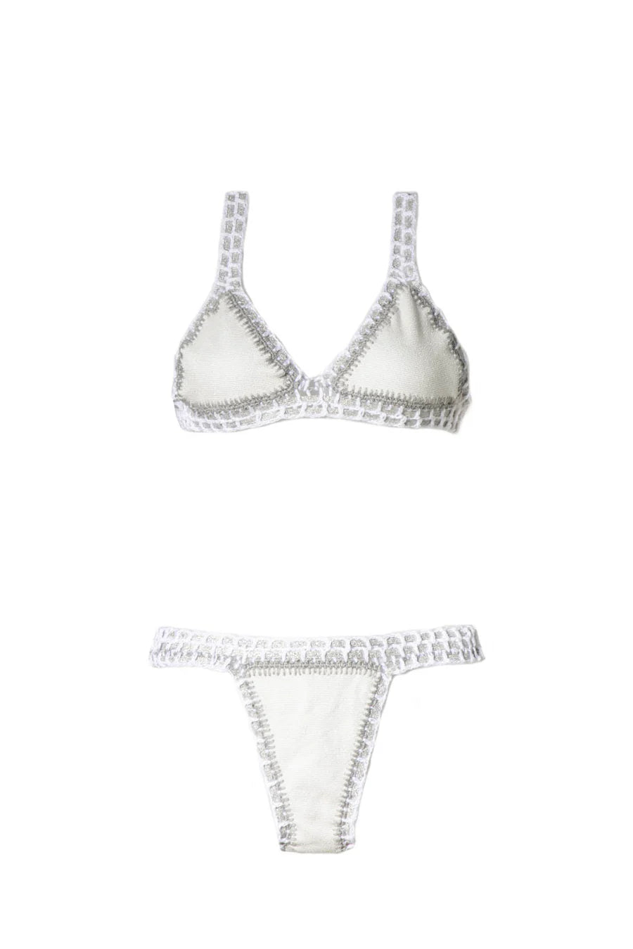 LocoLoco silver and white crochet bikini flat lay, handmade in Brazil with shimmering crochet design and high-performance Lycra fabric.