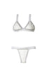 LocoLoco silver and white crochet bikini flat lay, handmade in Brazil with shimmering crochet design and high-performance Lycra fabric.