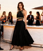 Black gold Melody Macramé Top styled with black skirt for elegant party wear, festival styling and luxury summer nights outfit available in Sitia