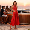 Melody Macramé Top red, evening outfit, baptism and wedding guest outfit gold front view with luxury gold bone-shaped embellishments in Shop in Sitia 