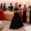 Black macramé top with gold bone embellishments front view, luxury festival outfit available in Sitia