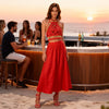 Melody Macramé Top red, evening outfit, baptism and wedding guest outfit gold front view with luxury gold bone-shaped embellishments in Shop in Sitia 