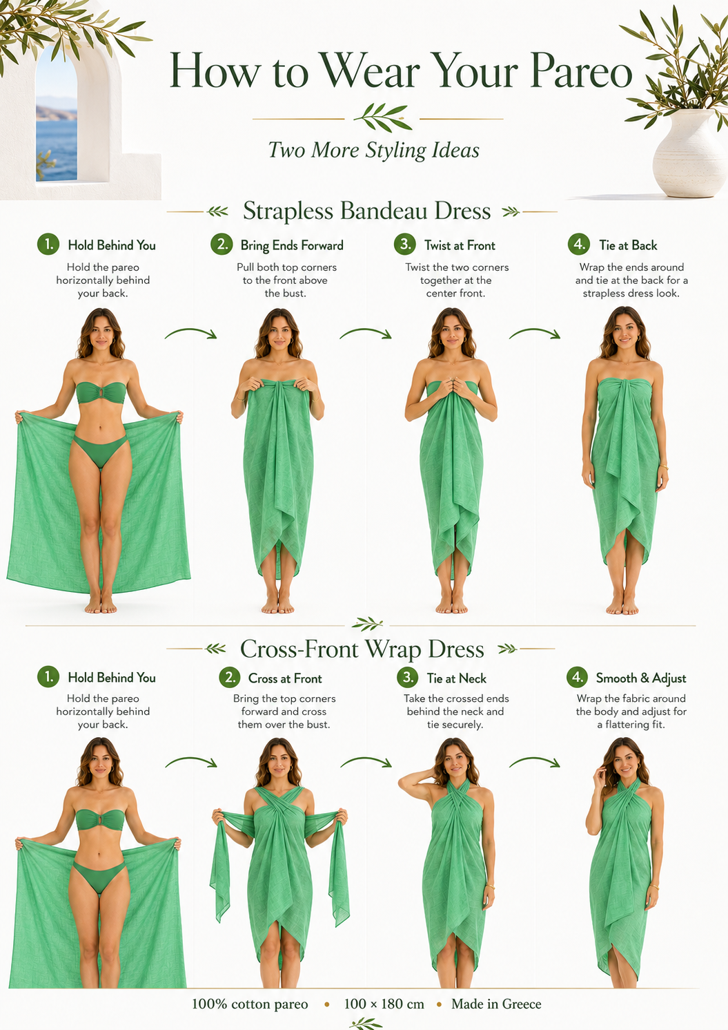 How-to guide showing the MiandMI spring green 100 × 180 cm cotton pareo styled as a strapless bandeau dress and cross-front wrap dress, available at VVC SHOP Sitia, Crete.
