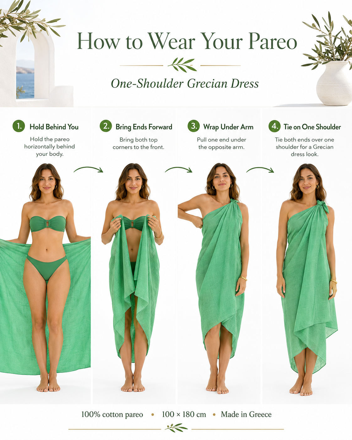 Step-by-step guide showing how to tie the MiandMI spring green 100 × 180 cm cotton pareo as a one-shoulder Grecian dress, made in Greece and available at VVC SHOP Sitia, Crete.