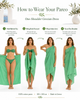 Step-by-step guide showing how to tie the MiandMI spring green 100 × 180 cm cotton pareo as a one-shoulder Grecian dress, made in Greece and available at VVC SHOP Sitia, Crete.