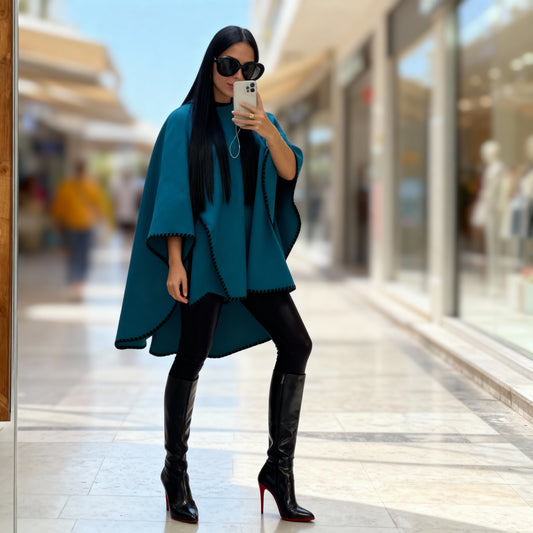 Front view of a woman wearing the Michaela MII petrol poncho with black wool-touch embroidery.