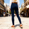 Rear-side view of Miss Sister dark blue body-shaping stretch denim jeggings showing the fitted leg and jean-style pockets.