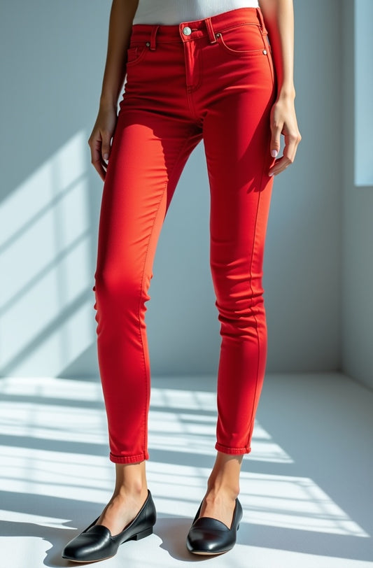 Back view of a model wearing Miss Sister red stretch-cotton skinny jeans, showing the back pockets and slim fit.