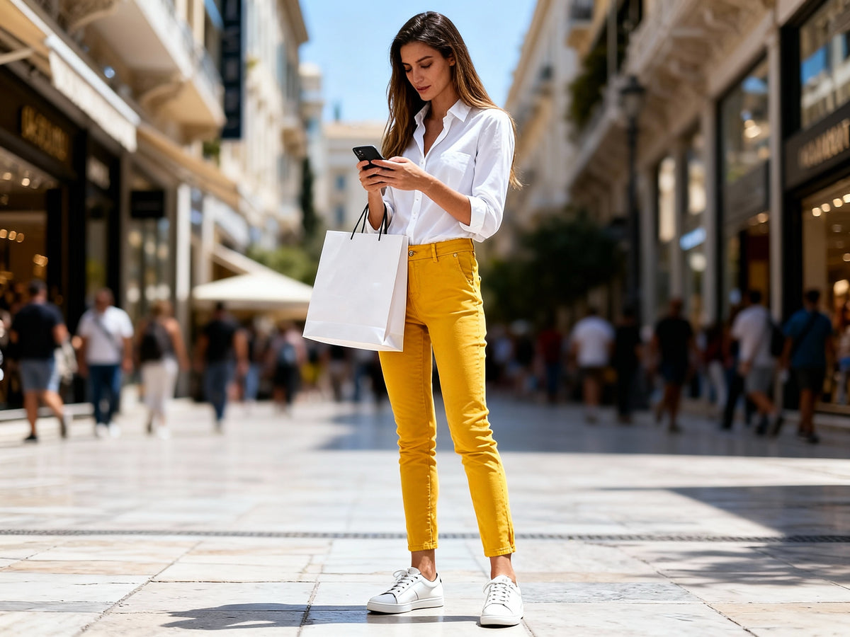 Miss Sister yellow body-shaping jeans on final sale, soft stretch cotton trousers for confident women at VVC SHOP Sitia