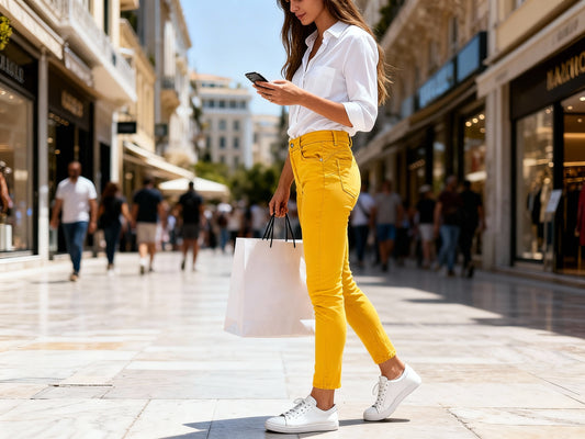 Miss Sister yellow body-shaping skinny jeans for curvy women, soft stretch cotton blend, final sale at VVC SHOP Sitia Crete