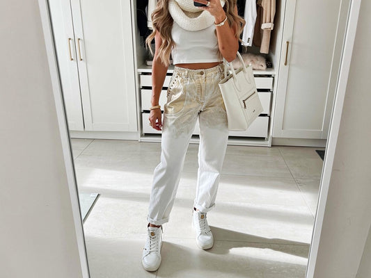 Front view of golden shimmer tapered pants with studs and adjustable waist — dress to impress, smart-casual style, on sale at VVC Shop Sitia.