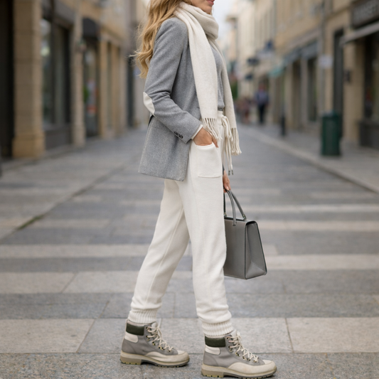Side profile of off-white wool jogger trousers highlighting slim fit and fine knit texture