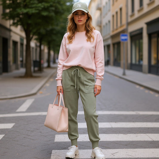 Front view of a woman wearing olive-green slim-fit fine-knit wool jogger trousers with an elastic waistband.