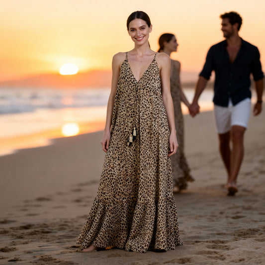 Civico 1 camel leopard print maxi dress for summer fashion in Crete