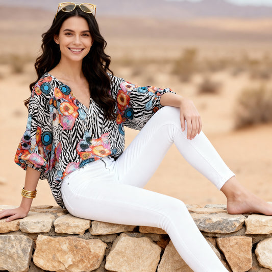 Batwing Blouse - Floral Animal Print - Loose Fit Silk Touch  Multi -Coloured