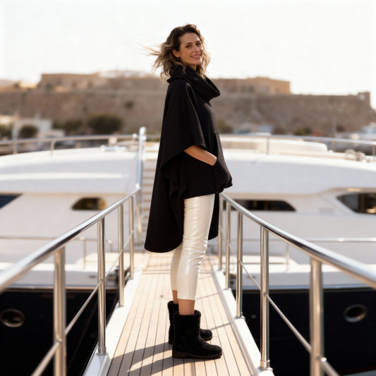 🖤 VVC Black Sweater Cape Poncho – Asymmetrical Design with Built-In Turtlenec and Pocket