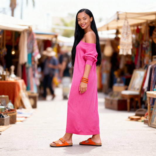 Side view Italian-made knitted maxi dress styled for Sitia Crete boutique fashion