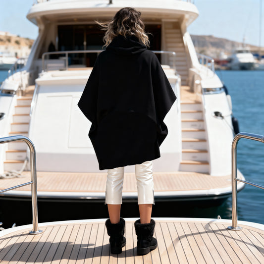 🖤 VVC Black Sweater Cape Poncho – Asymmetrical Design with Built-In Turtlenec and Pocket